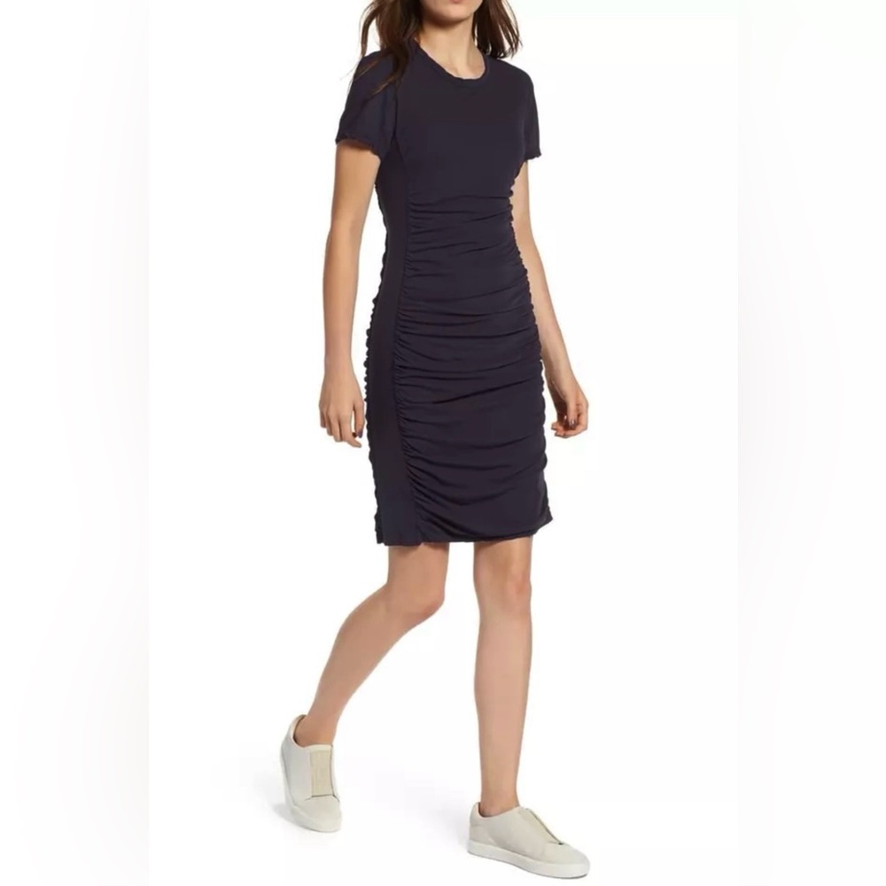 $245 JAMES PERSE Made In USA Dress Sz 1 S Mixed Media Rib Side Panel Ruched EUC